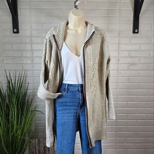 Venus Creamy Grey Multi Knit Zip Up Long Cardigan Sweater With Brown Trim Large